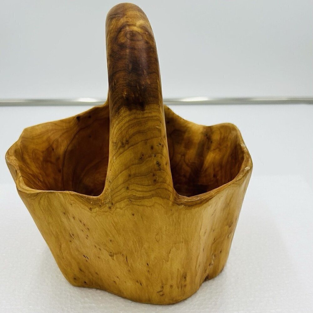 Hand Carved Burlwood Handled Basket Rustic Folk Art 8.5" x 7 x 9.5" - Picture 5 of 11